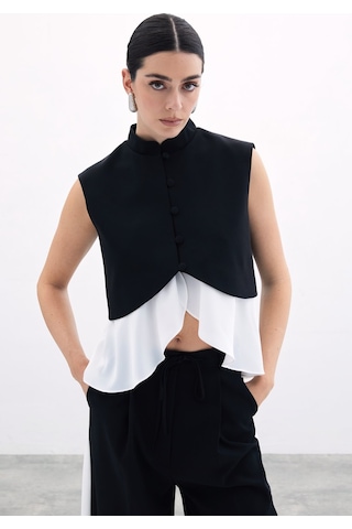 Sateen Kontrast Kısa Ceket - Siyah-135930 Siyah