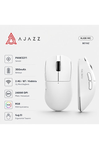 Nj08 Mc Kablosuz 3 Modlu Rgb Oyuncu Mouse 24.000 Dpı Paw 3311 Sensör Diğer