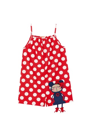 Denokids Kırmızı Puantiye Kız Çocuk Dokuma Tulum Çok Renkli