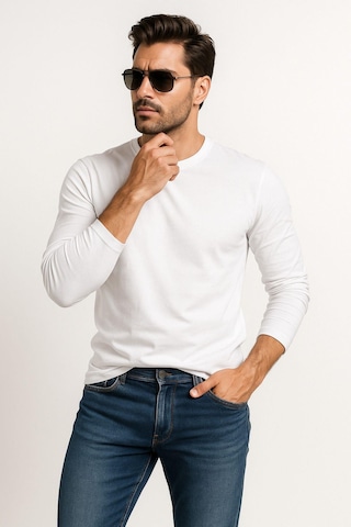 Erkek Bisiklet Yaka Beyaz Body %100 Pamuk Uzun Kollu Tişört Erkek Düz T-shirt 6012