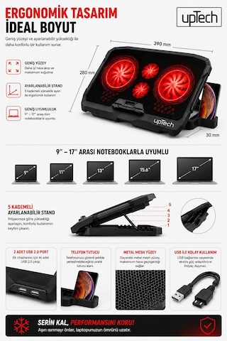 Uptech Laptop Soğutucu 4 Fanlı Ayarlanabilir Dizüstü Bilgisayar Soğutma Fanı