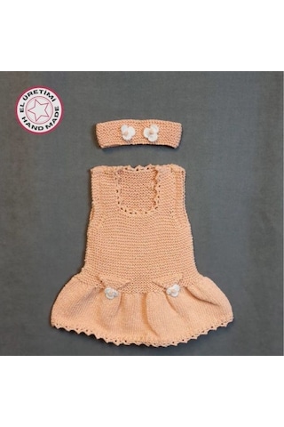 Uretti - Talia 8659 5112 El Örgüsü Koton İp Kız Çocuk Elbise - Bandana Takım - 2 Yaş Gülkurusu