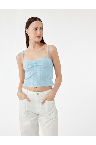 Koton Pamuklu İp Askılı Büzgülü Dokulu Slim Fit Crop Atlet Mavi 5sak10669ek