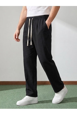 Danger Erkek Baggy Kalıp Beli Lastikli %100 Pamuk Keten Görünümlü Pantolon Siyah 1007dngr