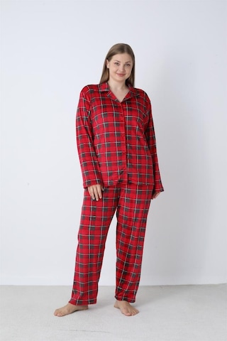 Battal Estiva Kareli Önden Düğmeli Kadife Bayan Pijama Takım Bordo
