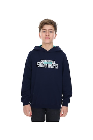 Toontoy Kids Toontoy Erkek Çocuk Oversize Kapüşonlu Hafif Düşük Omuz Baskılı Sweatshirt - 2 İplik Lacivert