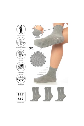 Bambu Kaydırmaz Taban Silikon Baskı Hac Umre Tavaf Hamile Diyabet Pilates Yoga Lastiksiz Çorap 3'lü GRİ MELANJ