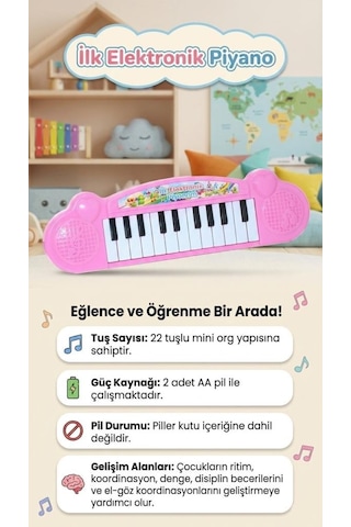 Küçük Elektronik Piyanom Sesli Pilli 22 Tuşlu Taşınabilir Eğlenceli Oyuncak Piyano Pembe