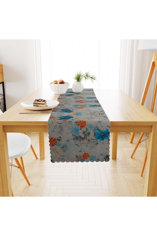 Çiçek Desenli Mavi Turuncu Dijital Baskılı Süet Dokuma Runner 40x140