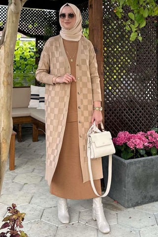 Dama Desenli Bej Triko Hırka Çok Renkli