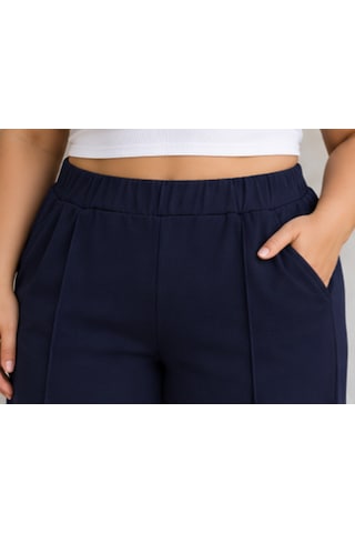 Cocosushicooo Büyük Beden Kadın Lacivert Bol Paça Pantolon Rahat Kesim Lastikli Bel Cepli