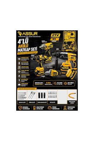 Assur Asr1192 Profesyonel Akülü Kömürsüz 4 Lü Matkap Seti 21v 3ah - 800nm Somun Sökme, 26mm Kırıcı Delici, 13mm Darbeli Vidalama, 125mm Avuç Taşlama Sarı