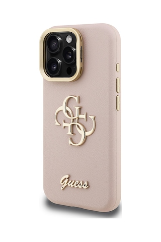 Apple iPhone 15 Pro Uyumlu Kılıf Guess Lisanslı Grained Yazı Logolu Kamera Standlı Kapak Pembe