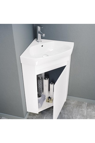 Orka Zag 45 Cm Mdf Beyaz Köşe Mini Banyo Dolabı Takımı Beyaz