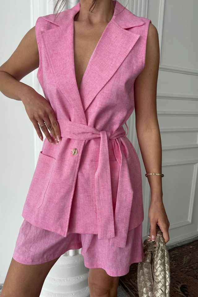 S-pazarım Keten Yelek - Şort Takım - Pembe Pembe