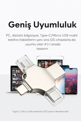 Üsküdar İletişim 128gb 4-in-1 Flashdevicehd Çoklu Girişli Otg Flash Bellek Lightning + Type-c + Usb + Microusb 128 Gb