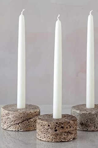 Doğal Traverten Mermer Şamdan Mumluk 3lü Set Silver Dark A.Ağaç