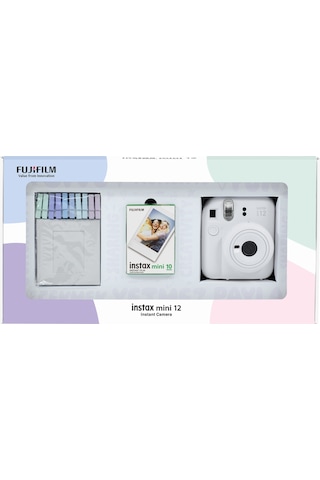 Fujifilm Instax Mini 12 Fotoğraf Makinesi + 10'lu Film + Mandal Bundle Box Beyaz