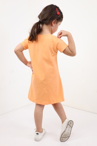 Toontoy Kız Çocuk Cepli Şeritli Tavşan Baskılı Elbise Turuncu