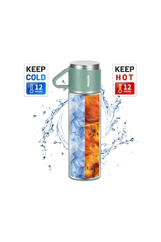 Bardaklı Paslanmaz Çelik Termos 500 Ml Sızdırmaz Kapak, 12 Saat Sıcak & Soğuk Yeşil