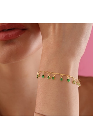 Queen Silver Jewelry 925 Ayar Gümüş Ful Sallantılı Yeşil Renk Geçişli Bileklik Altın