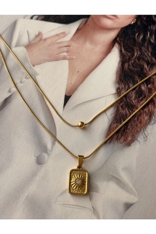 60 Cm Tek Taşlı Kare Güneş Paslanmaz Çelik Kararmaz Kadın Kolye Altın
