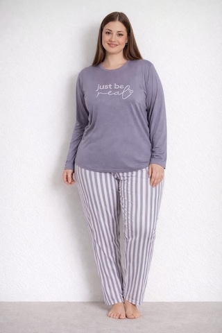 Pemilo Kadın 20155 Büyük Beden Uzun Kol Milan Pijama Takımı Füme