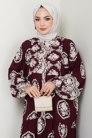 Giral Dokuma Viskon Elbise 1543 - Mürdüm Mürdüm