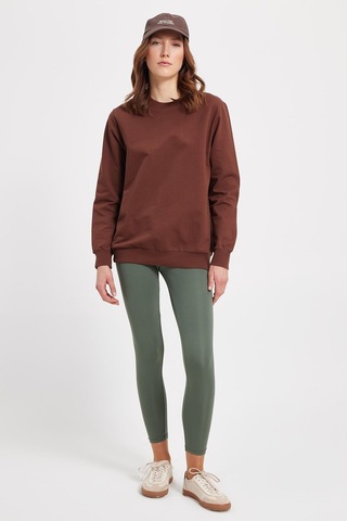 Tudors Kadın Oversize Geniş Kesim %100 Pamuk 2 İplik Bisiklet Yaka Kahverengi Sweatshirt -42618 Kahverengi
