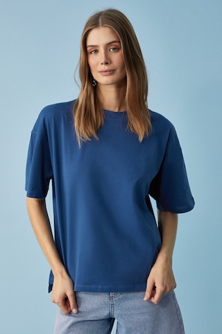 Grımelange Jemmy Kadın %100 Organik Pamuk Relaxed Fit Yırtmaçlı Yuvarlak Yakalı Lacivert T-shirt Lacivert
