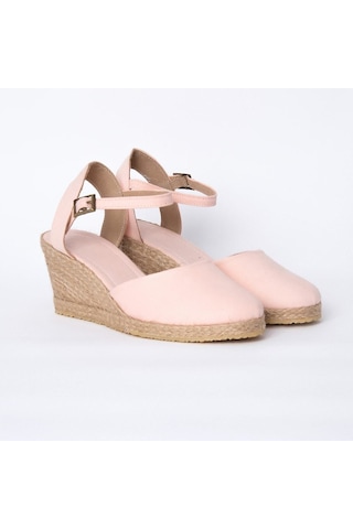 Star Tombis Gerçek Elişi Topuğu Açık Bilekten Bantlı Dolgu Topuk Pembe Keten Hasır Espadril Handmade Pembe