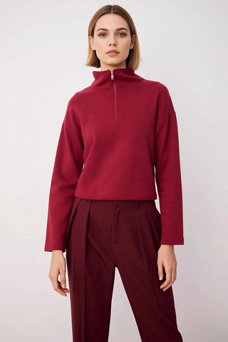 Benerly Kadın Dik Yaka Düşük Kol Fermuarlı Regular Kalıp Örme Sweatshirt Bordo