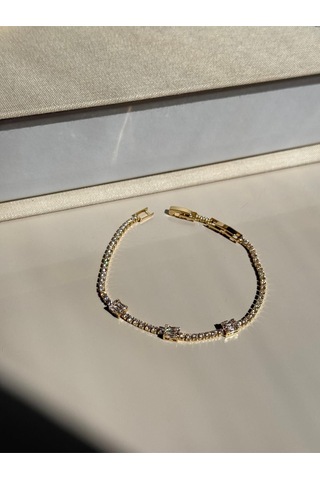 Baget Taş Detaylı Altın Kaplama Zarif Kadın Çelik Bileklik Altın