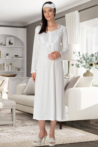 Mecit Pijama Mecit 5355 Bayan Hamile Lohusa Ekru Sabahlık Gecelik Pijama Takım 001