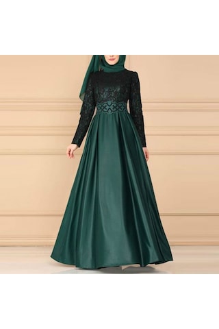 Sones Dantel Dikiş Retro Büyük Salıncak Elbise Etnik Stil Uzun Kollu İnce Elbise Koyu Yeşil