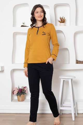 Alimer Kadın Hardal Bisiklet Yaka Uzun Kol Pijama Takım Edy2775h Hardal