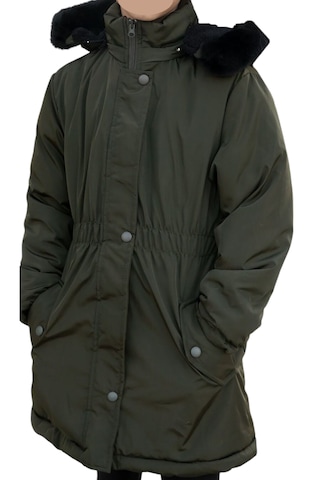 Kız Çocuk Haki Beli Lastikli Kapüşonu Kürklü Kol Ucu Ribanalı Fermuar Çıtçıt Kapamalı Midi Boy Mont Haki