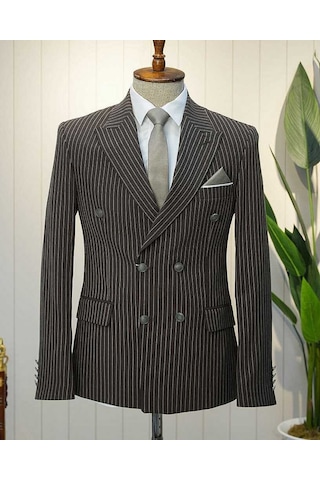 Bys Beystil Sivri Yaka Kahverengi Çizgili Kruvaze Takım Elbise Bezayak - Slim Fit