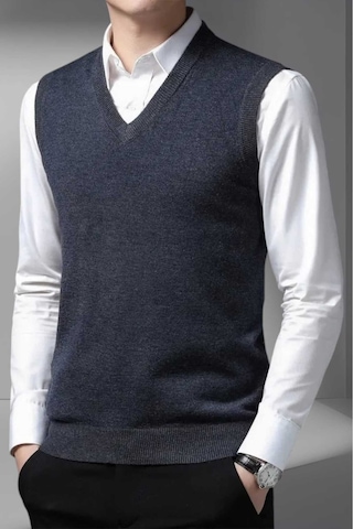 Tezzgelsin Erkek V Yaka Triko Tüylenmez Süveter Erkek Slim Fit Süveter Koyu Füme