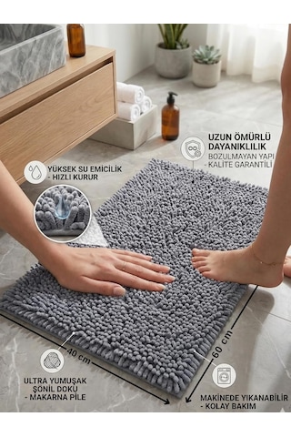 Şönil Banyo Paspası, Mikro Elyaf, Beyaz, 40x60 Cm Banyo Halısı, Uzun Tüylü, Yüksek Emicilik, Makinede Yıkanabilir Gri