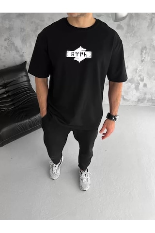 Modi Unisex Bisiklet Yaka Baskılı Double Oversize T-shirt - Siyah Açık Lacivert - Gri - Siyah