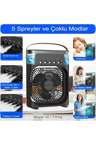 Portatif Hava Nemlendirici Işıklı Aroma Terapi Fan Masaüstü 5 Spray Oda Nemlendiricisi