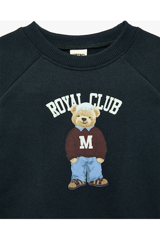 Koton Uzun Kollu Bisiklet Yaka Şardonlu Ayıcık Baskılı Sweatshirt Lacivert 7wmb10014tk