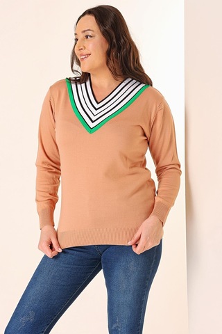 Şeritli V Yaka Büyük Beden Triko Kazak-35355-soğan Kabuğu Açık Turuncu