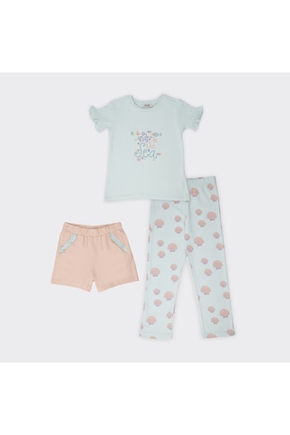 Kız Çocuk Deniz Kabuğu Desenli 3'lü Set Pijama Takımı Mint 2411gk39001-4348 001