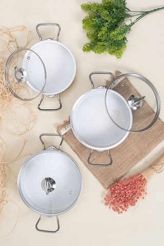 Çarşıdayız 3'lü Beyaz Granit Tava Seti - 16, 18, 20 Cm Cam Kapaklı Beyaz