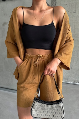 Modagen Kadın Camel Kimono Şort Alt Üst Takım Camel