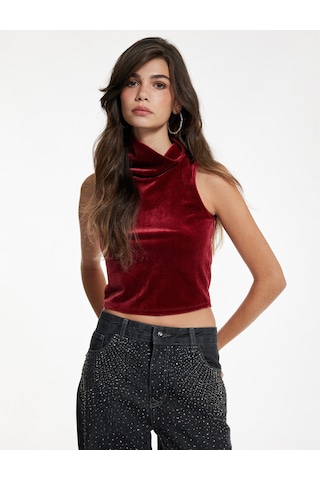 Koton Slim Fit Dik Yaka Kolsuz Crop Kadife Bluz Bordo 6wak10005ek Bordo
