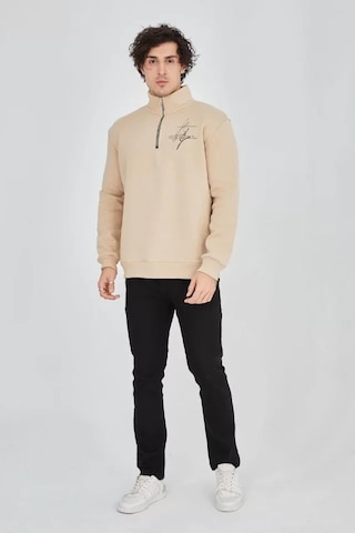 Veraura Lifestyle Erkek Yarım Fermuarlı Baskılı Sweat - Bej
