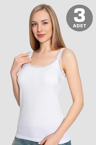Grey Cat Doğal İplik Yumuşak Dokulu Dantel Detaylı Kadın Dantelli Askılı Atlet Beyaz 3'lü Paket Pamuklu